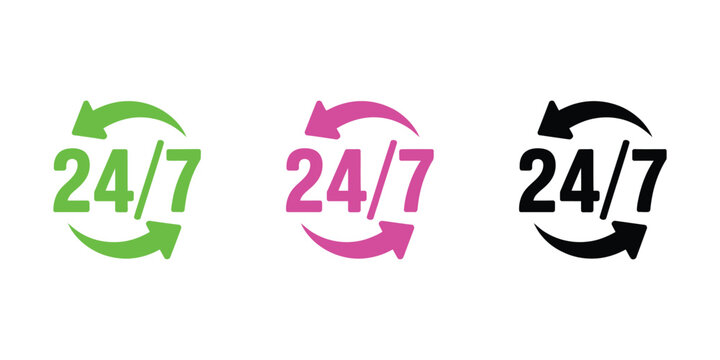 24 7 icon, simple vector symbols featuring nonstop service, 24 hour availability, customer support, UI design, and business concepts.