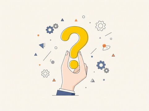 
​A hand holding a yellow question mark surrounded by gears and geometric shapes, symbolizing problem-solving, inquiry, and searching for answers.