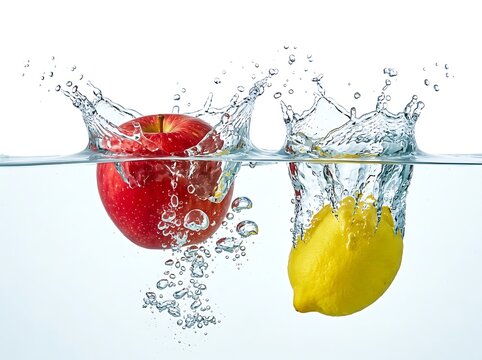 Red apple and yellow lemon splashing into clear water