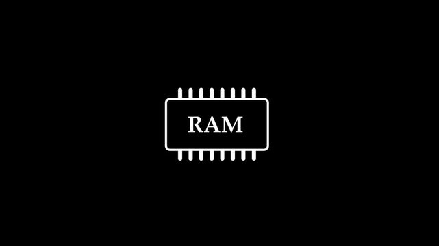 Minimalist white outline RAM microchip icon animation on black background, perfect for computer hardware, memory performance, tech tutorials, and processor concept videos.
