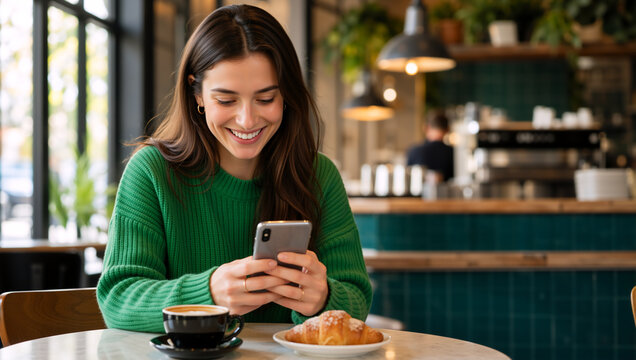 Smiling young woman using smartphone in cafe. Happy female reading message on mobile phone while drinking coffee and eating croissant