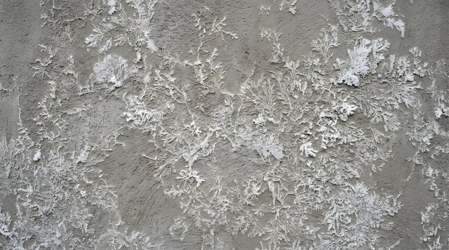 A detailed grey concrete wall texture covered with white crystalline efflorescence deposits and natural mineral blooming patterns. Ideal as a rustic background for industrial design concepts.