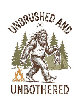 Bigfoot character walking in the forest with a campfire and text that says unbrushed and unbothered retro pixel art style design isolated on transparent background