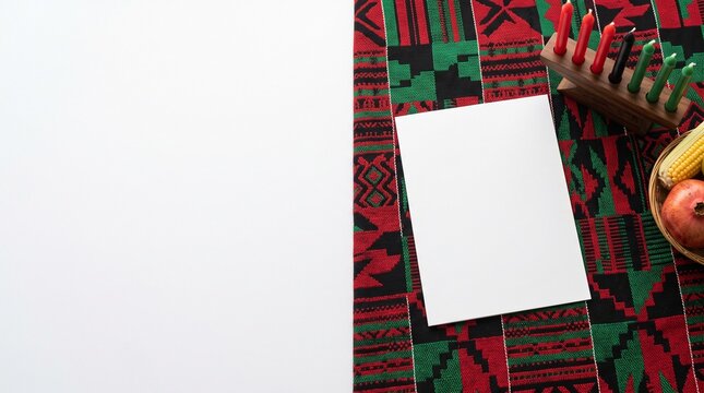 High angle view of minimalist plain white greeting card with blank unprinted surface on traditional Kwanzaa textile background with deep red rich black and green colors empty layout on left