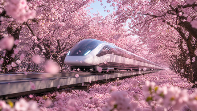 Futuristic magnetic levitation train speeding through a tunnel of cherry blossom trees in Japan, spring travel concept, generative AI