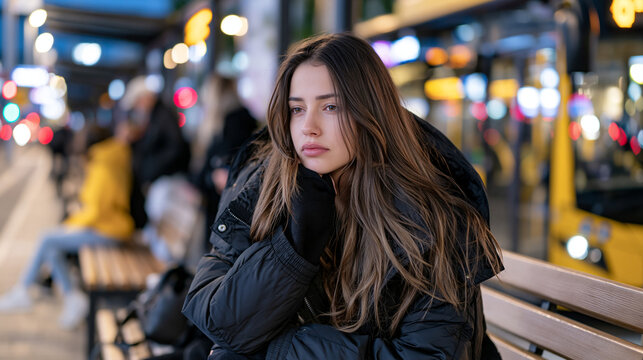 Young adult in fashionable jacket sits alone on busy urban bus stop bench in evening city backdrop, fletcher arrows composition metaphor shown through single figure aiming gaze down empty street cor