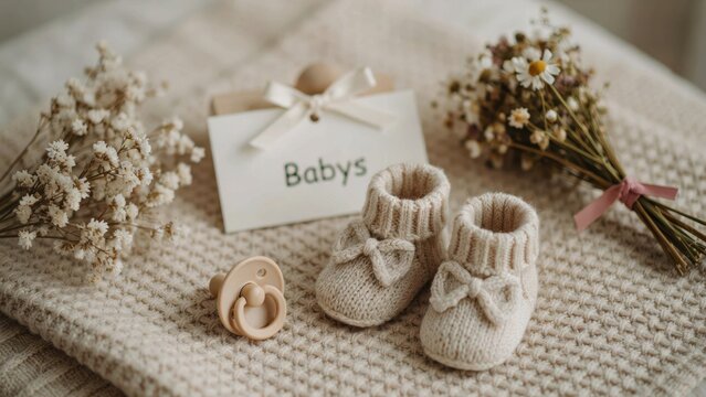 Newborn baby gift set with knitted booties, pacifier, and dried flowers on a neutral blanket