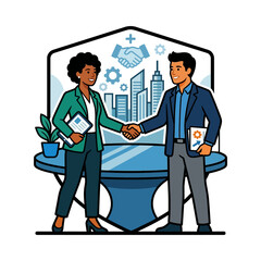 Fototapeta premium business partners shaking hands in front of a modern city skyline symbolizing partnership and success
