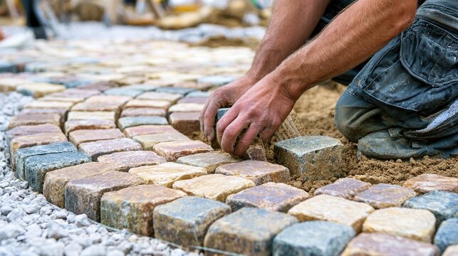 A close-up view of a person's hands meticulously lay colorful interlocking paving stones on a curved path, creating a beautiful and durable outdoor surface for a garden or walkway