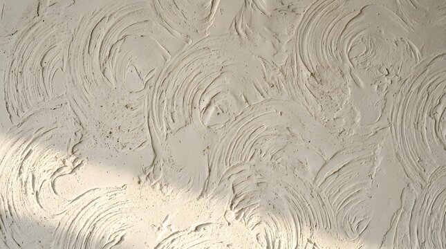A decorative plaster wall texture featuring elegant swirl trowel patterns in warm neutral off-white tones. Ideal as a background for graphic design, architectural presentation, aesthetic branding.