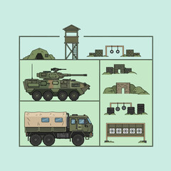 Obraz premium Military Training Base Elements: Tank, Truck, Guard Tower, Targets & Bunker