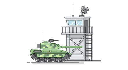 Obraz premium Military tank near tower, vector illustration