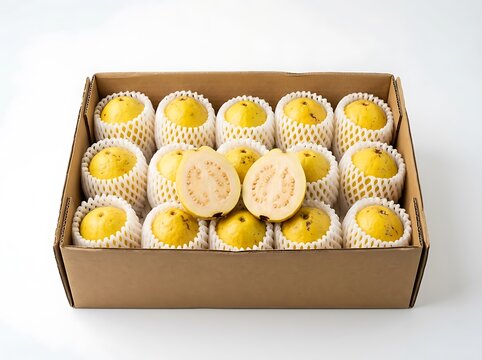 Fresh guava fruit in a cardboard shipping box