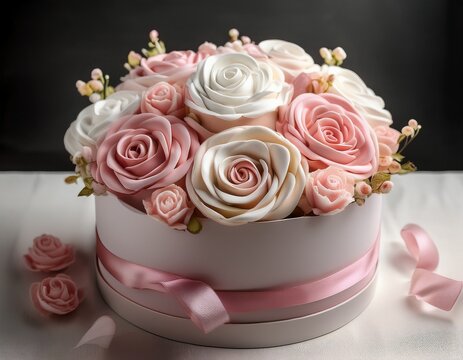 flowers from homemade zephyr pink and white roses arranged in a round box with soft tissue paper creating an elegant floral display for gifting or decoration