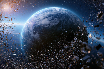 Obraz premium Earth space debris satellite orbit planet atmosphere sunlight cosmic destruction pollution environment blue technology science outer space galaxy universe collision fragments risk hazard astronomy