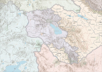 Fototapeta premium Highly Detailed Political and Physical Map of Armenia with Shaded Relief and Neighboring Countries
