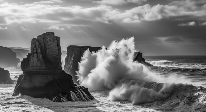 Dramatic black-and-white photograph of powerful ocean waves crashing violently against rugged coastal rock formations under a stormy sky, showcasing raw natural force and dramatic contrast.