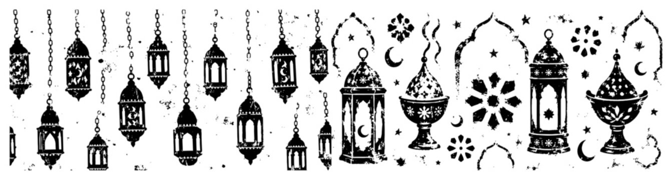 Ramadan lanterns and crescent moon hanging on patterned background in ink sketch style