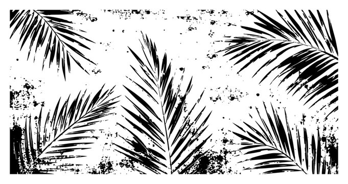 Palm leaves background with grunge texture and organic fronds in vintage ink style