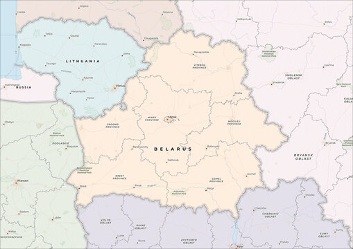 Highly Detailed Political and Physical Map of Belarus with Shaded Relief and Neighboring Countries