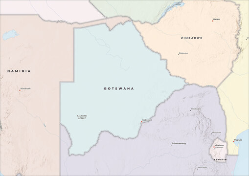 Highly Detailed Political and Physical Map of Botswana with Shaded Relief and Neighboring Countries