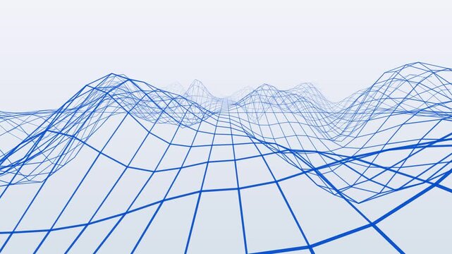 Abstract digital wireframe terrain moving in fluid waves over white background animation.