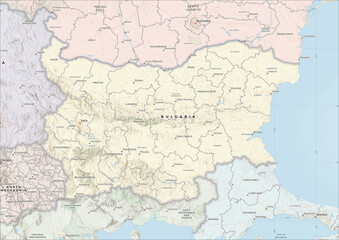 Obraz premium Highly Detailed Political and Physical Map of Bulgaria with Shaded Relief and Neighboring Countries