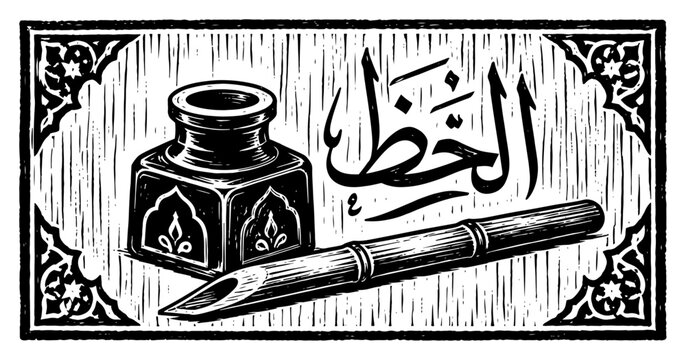 Arabic calligraphy tools including inkwell and reed pen with elegant script in classic woodblock print style
