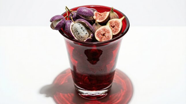 Fresh purple akebia quinata and sliced figs are arranged inside a red glass bowl Fruit Day National Dessert Day October 14