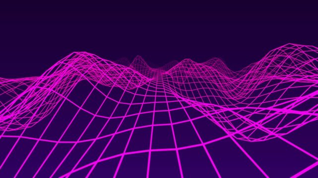 Retro wave synthwave digital landscape motion background with purple wireframe grid hills.