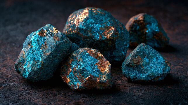 Raw mineral ore deposits glow with vibrant blue and earthy copper tones, showcasing natural geologic beauty and rich metallic textures on a dark, rugged surface