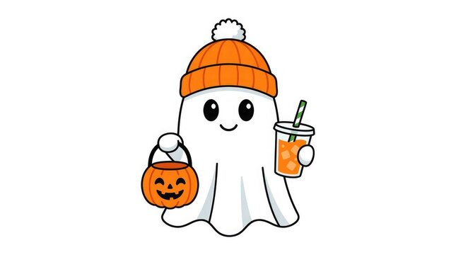 Cute cartoon ghost wearing an orange beanie hat holding a pumpkin trick or treat bucket and an iced coffee drink