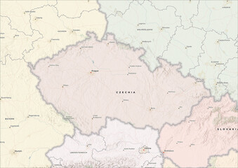Fototapeta premium Highly Detailed Political and Physical Map of Czechia with Shaded Relief and Neighboring Countries