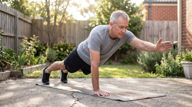 Active senior man doing single-arm plank exercise on a mat in his backyard