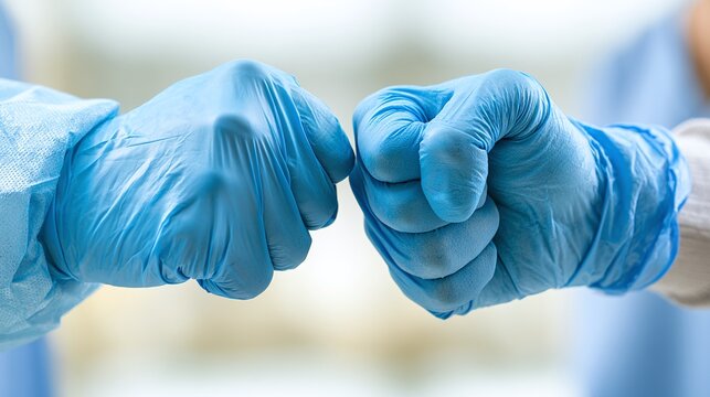 Two individuals, possibly medical or scientific professionals, in protective gloves and attire, engage in a friendly fist bump gesture, symbolizing teamwork and collaboration
