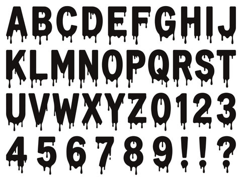 Dripping liquid black alphabet letters and numbers collection for scary halloween themed design.