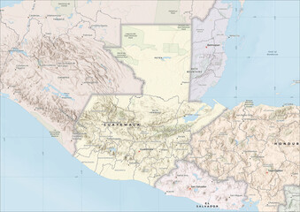 Fototapeta premium Highly Detailed Political and Physical Map of Guatemala with Shaded Relief and Neighboring Countries