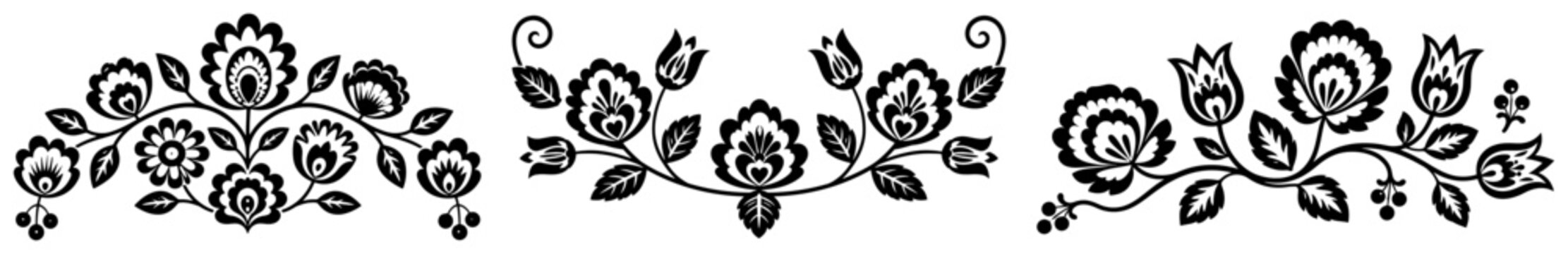Symmetrical floral borders and dividers with blooming flowers in traditional folk art style