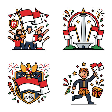 indonesian independence day celebration illustrations showcasing patriotism national symbols like monas and garuda pancasila and traditional culture