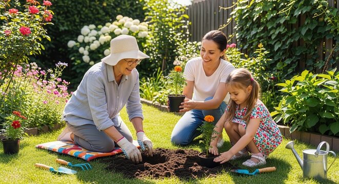 Three-generational gardening scene featuring an elderly woman, a smiling mother, and a young child planting flowers together in a vibrant backyard garden filled with blooming plants and gardening.