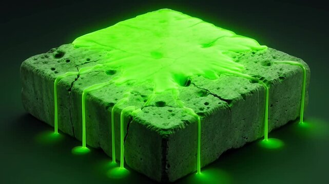 Glowing Green Radioactive Slime Spilling Over A Concrete Block.