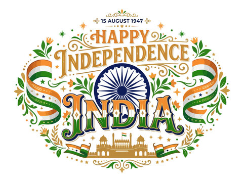 Happy Independence India 1947 Ashoka Chakra Red Fort Floral Design