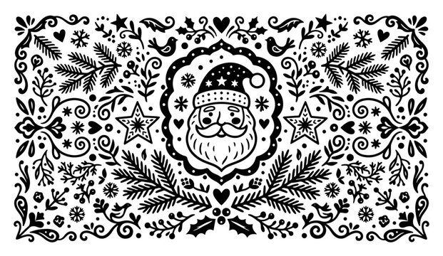 Santa Claus portrait framed by pine branches and winter motifs in folk art style