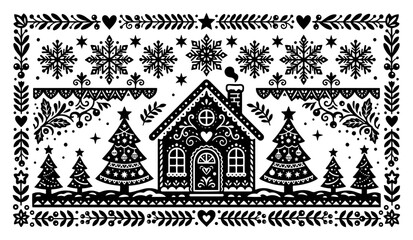 Gingerbread house and pine trees with snowflakes in decorative folk art style © Tomas