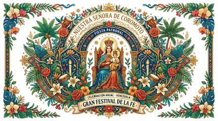 Obraz premium Religious illustration of Our Lady of Coromoto with floral ornaments.