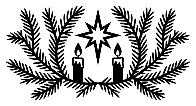 Two candles with large star and pine branches in minimalist holiday style
