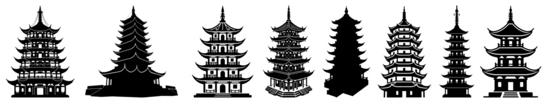 Traditional oriental pagoda temples and Asian towers in solid silhouette style