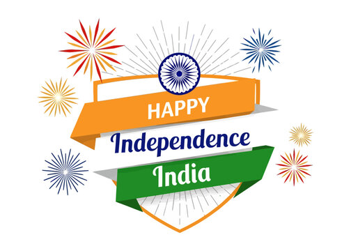 Happy Independence India banner with fireworks and Indian flag symbol