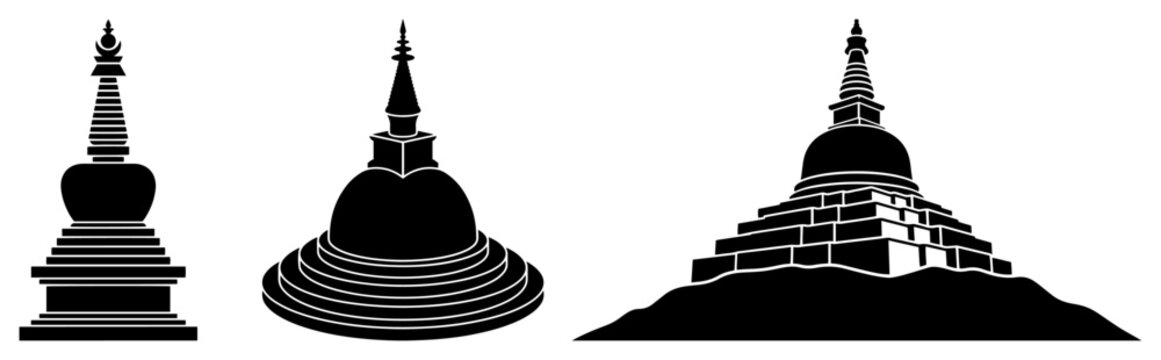 Buddhist stupa and pagoda silhouettes showing different styles of sacred temple architecture