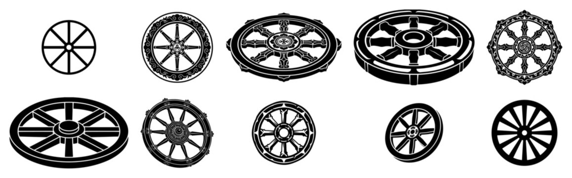 Wheel collection featuring wooden wagon wheels and sacred Buddhist dharma symbols in silhouette style